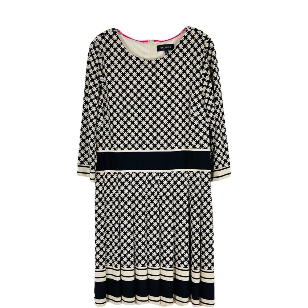 Talbots tan black preppy pleated academia office stretchy midi dress 12